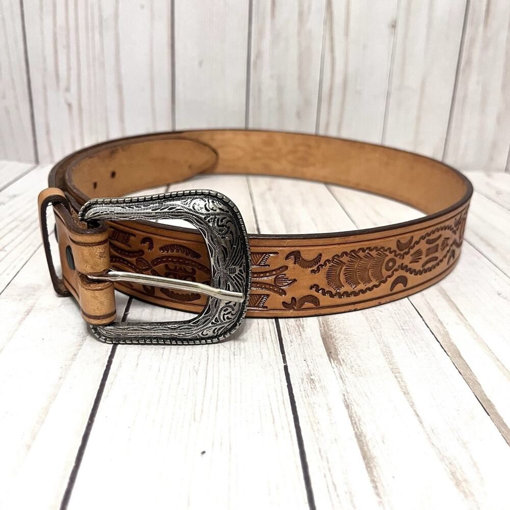 Western Tooled Leather Belt Womenโs Size 36 Engraved Silver Buckle Made Mexico